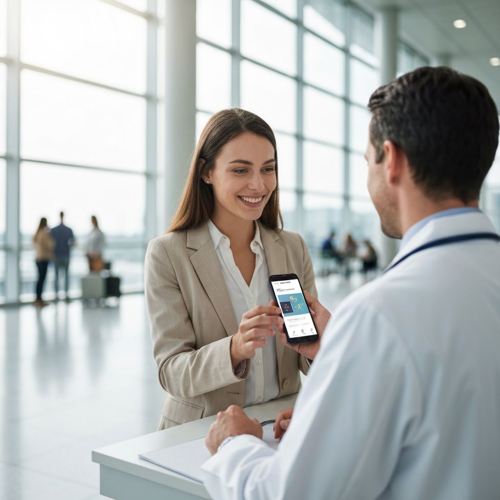 Reisende zeigt ihre Gesundheitsakten einem Arzt am Flughafen